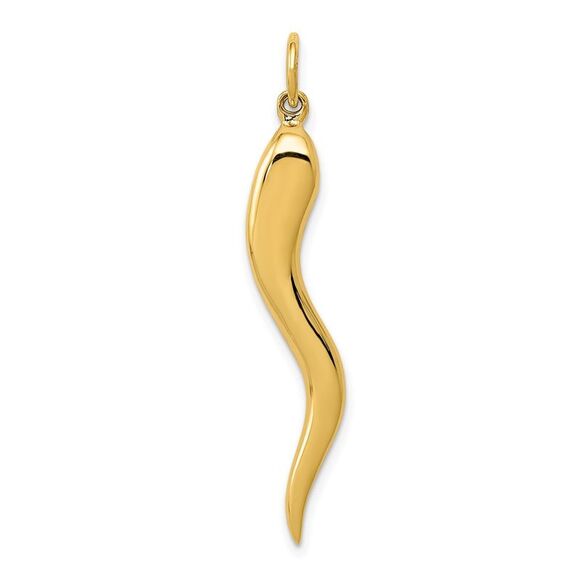 14k Yellow Gold Solid Large Italian Horn Pendant 5 x 40mm